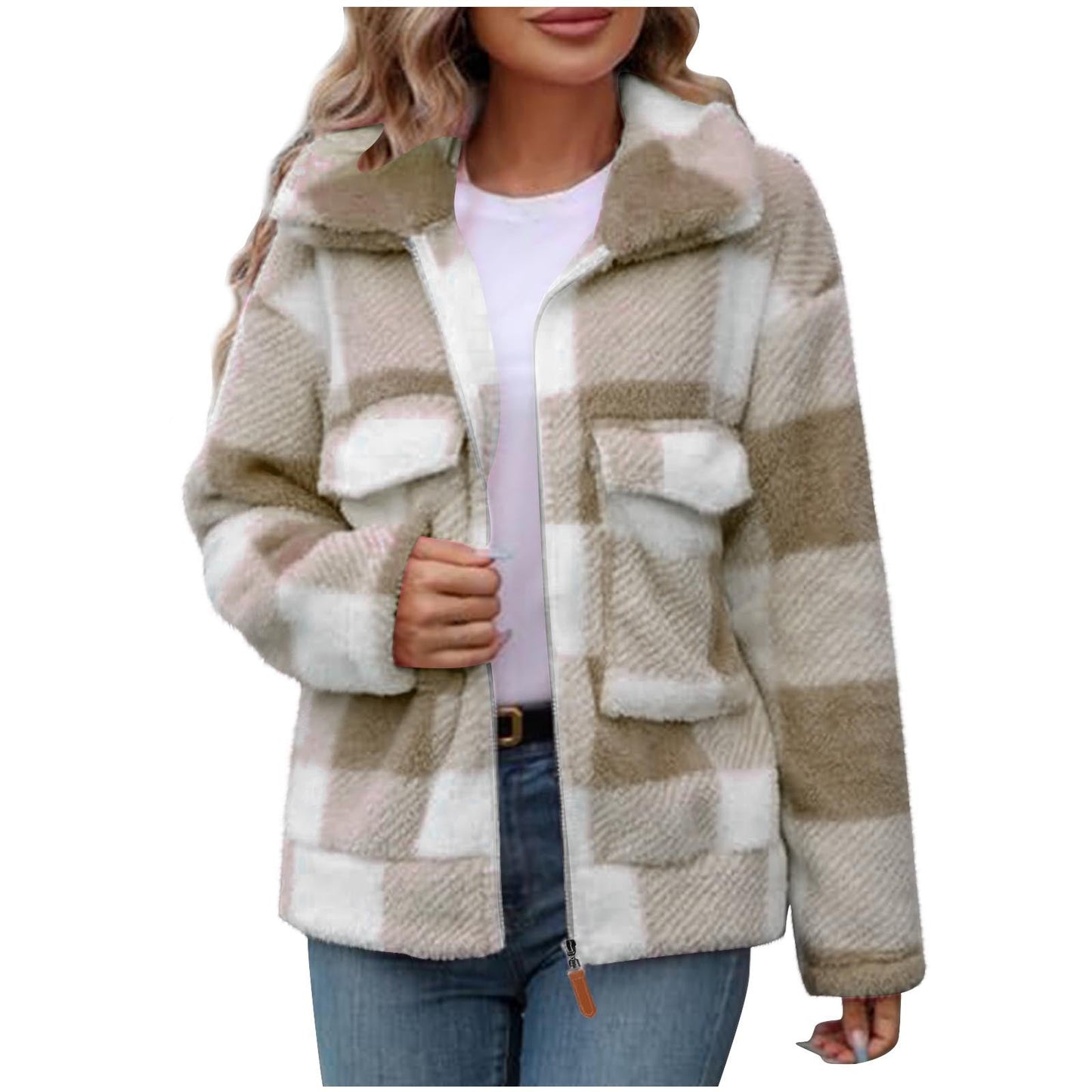 Women's fleece jacket with check pattern and practical pockets NOVAE