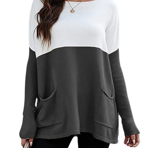 Women's knit sweater with large front pockets and contrasting design NOVAE
