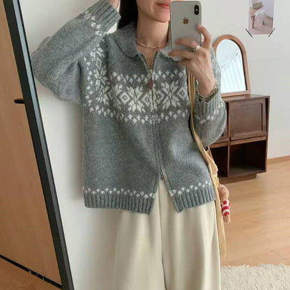 Women's cardigan with modern Norwegian pattern and high collar NOVAE