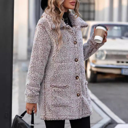 Women's Fluffy Transitional Jacket with Large Patch Pockets and Button Details NOVAE