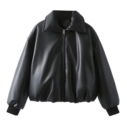 Women's casual faux leather jacket with a voluminous cut and practical pockets NOVAE