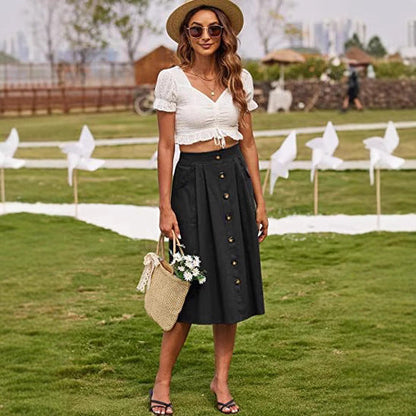 Women's midi skirt with button placket and practical pockets NOVAE