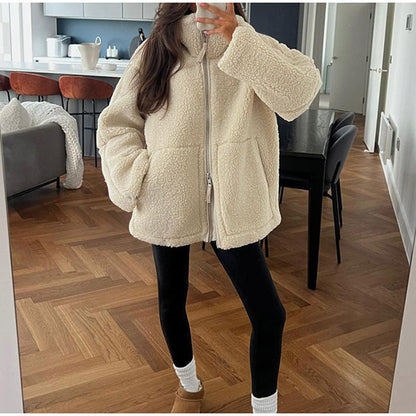 Women's fashionable fleece jacket with practical pockets and stand-up collar NOVAE