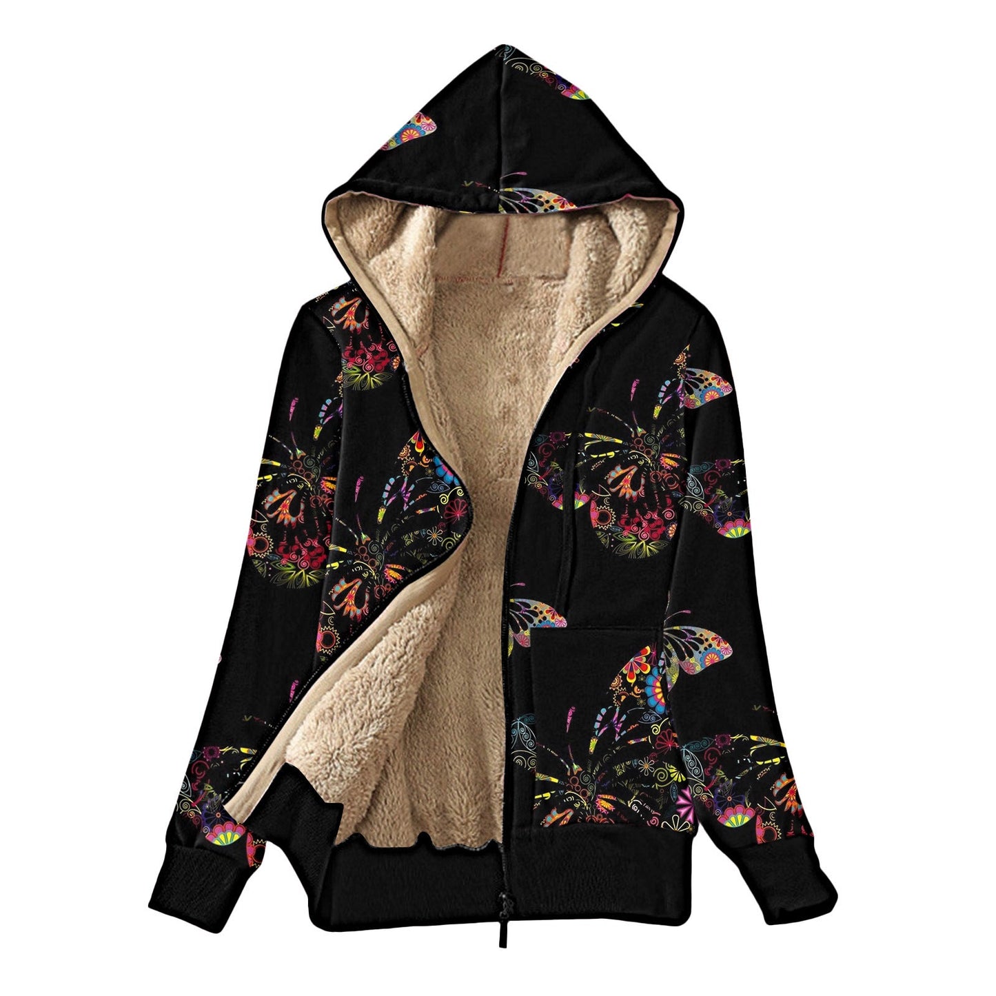 Women's cozy jacket with hood and colorful butterfly design NOVAE