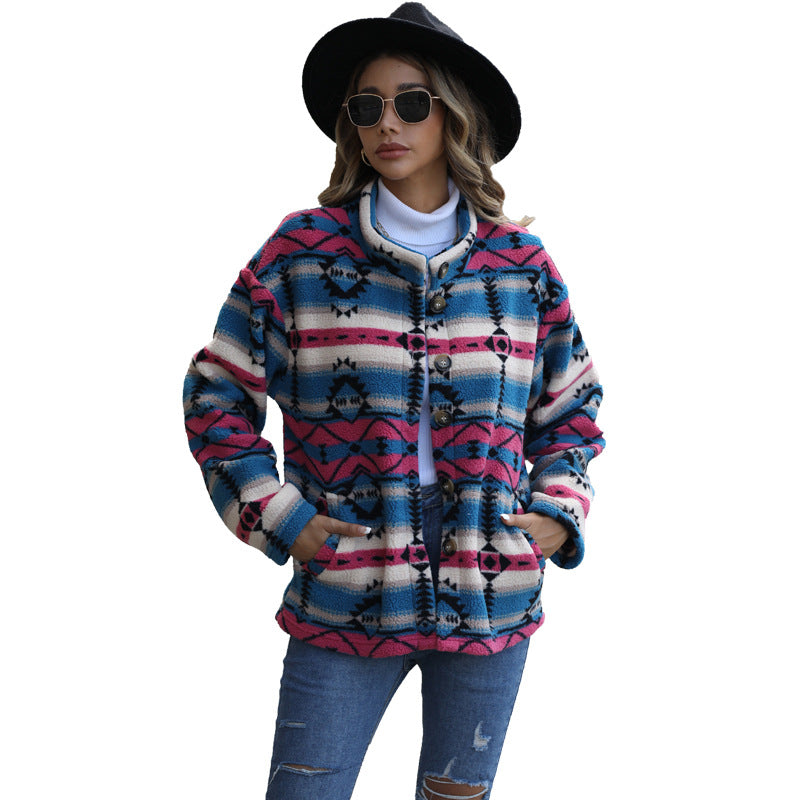 Women's fleece jacket in boho style with a unique geometric pattern and large buttons NOVAE