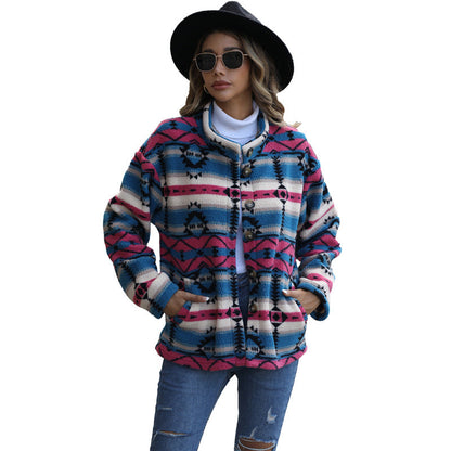Women's fleece jacket with attractive geometric patterns and practical pockets NOVAE