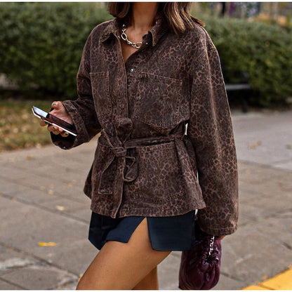 Women's fashionable denim jacket in leopard print design with belt NOVAE