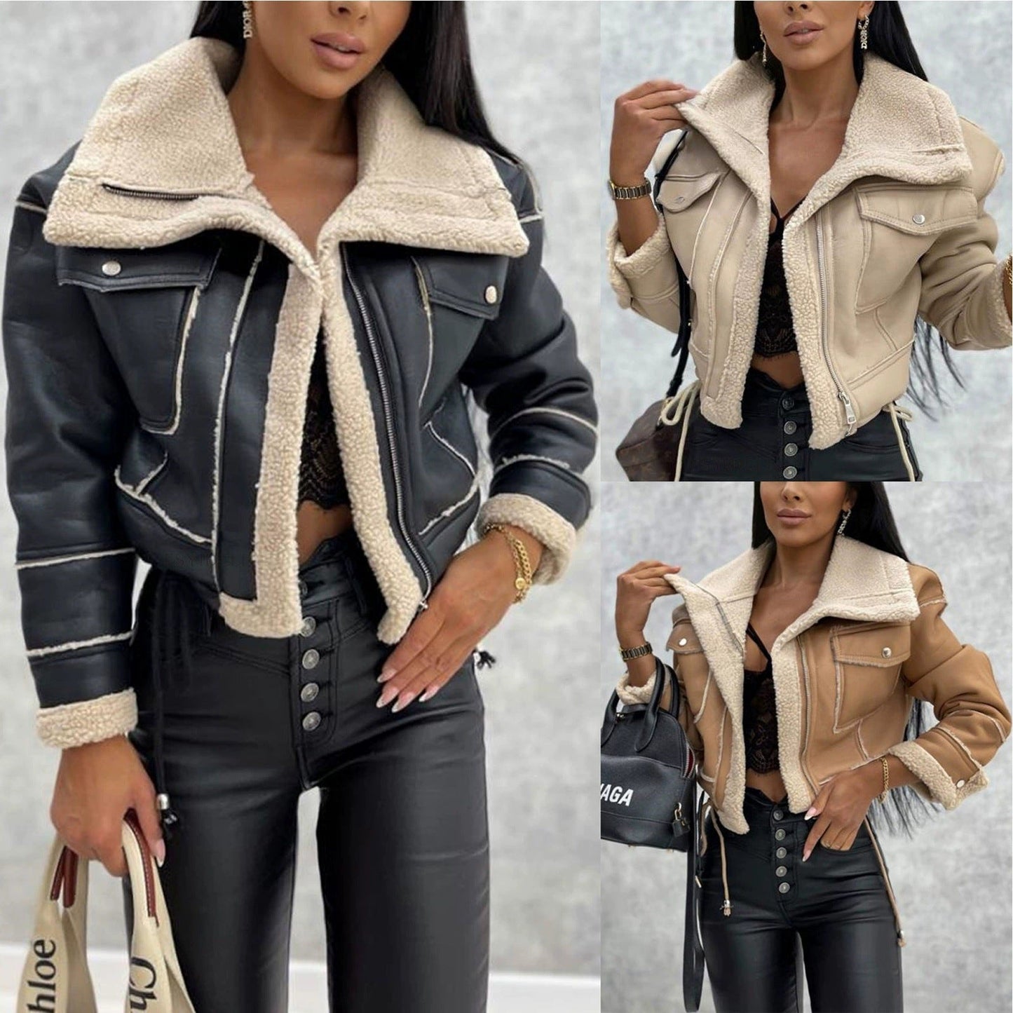 Women's trendy and cozy lambskin jacket with detachable collar NOVAE