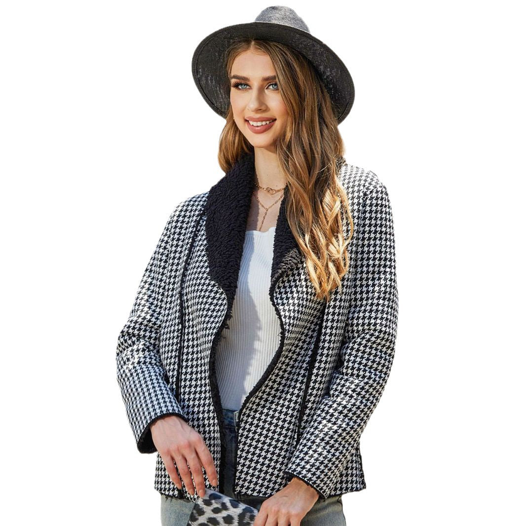 Women's checked fleece jacket with modern shawl collar and large hand pockets NOVAE