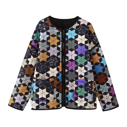 Women's transitional jacket with colorful geometric pattern and practical pockets NOVAE
