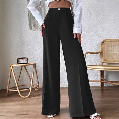 Women's high-waisted palazzo trousers with a narrow waistband and subtle button detail NOVAE