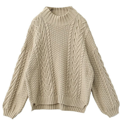 Women's chunky knit sweater with high collar and cable pattern NOVAE