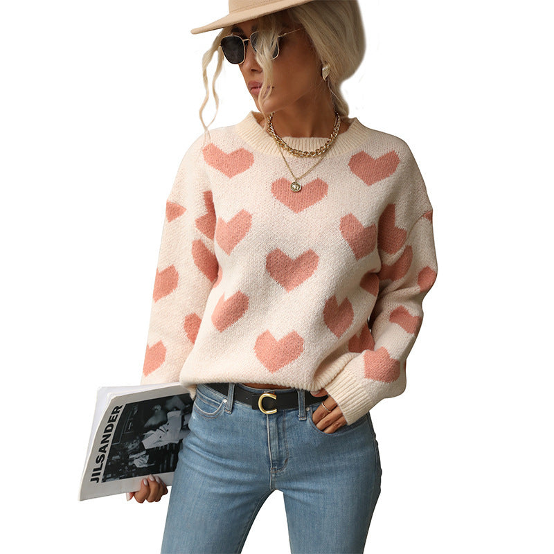 Women's knitted sweater with heart pattern and relaxed fit NOVAE