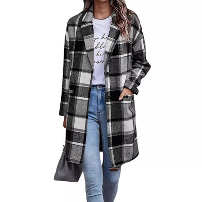 Women's Checked Oversized Coat with Stylish Pockets and Turn-Down Collar NOVAE