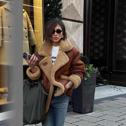 Women's teddy leather jacket with unusual collar and detachable details NOVAE