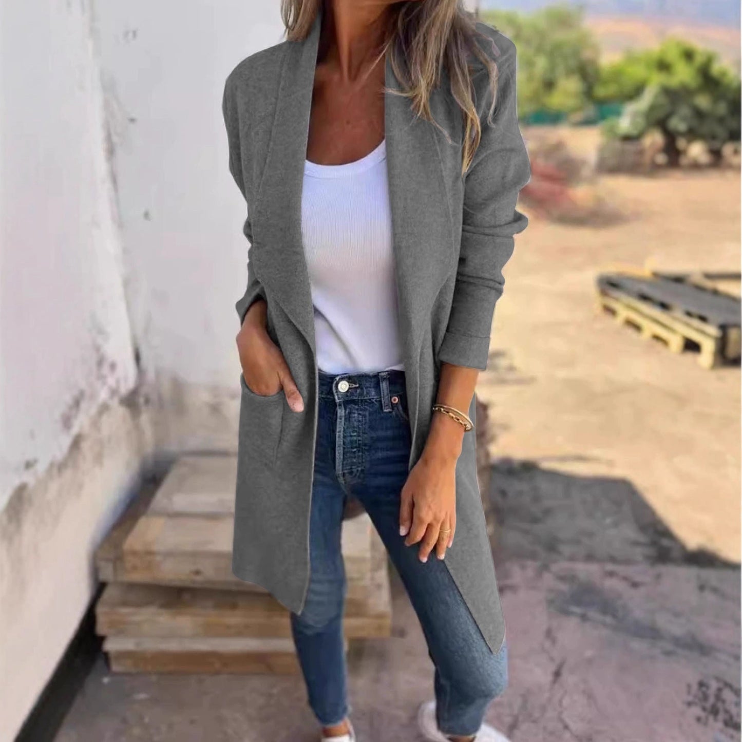 Women's casual long jacket with open cut and practical pockets NOVAE