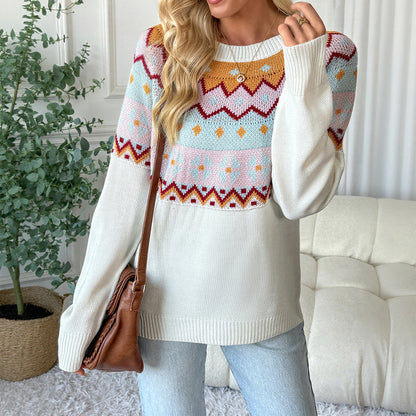 Women's knitted sweater with traditional pattern and dropped shoulders NOVAE