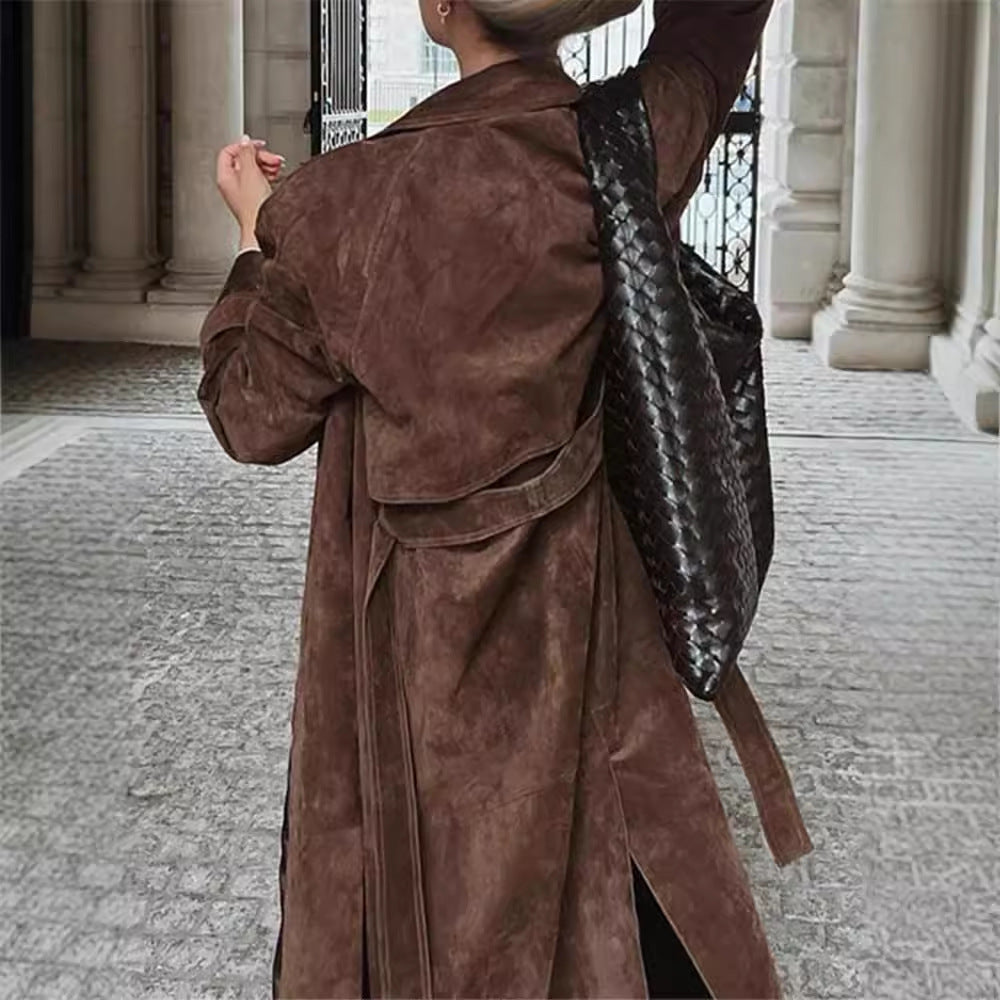 Women's Long Suede Coat with Adjustable Belt and Fashionable Collar NOVAE