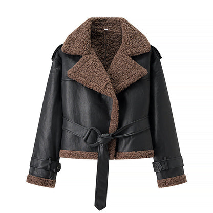 Women's trendy biker jacket with faux fur collar and belt NOVAE
