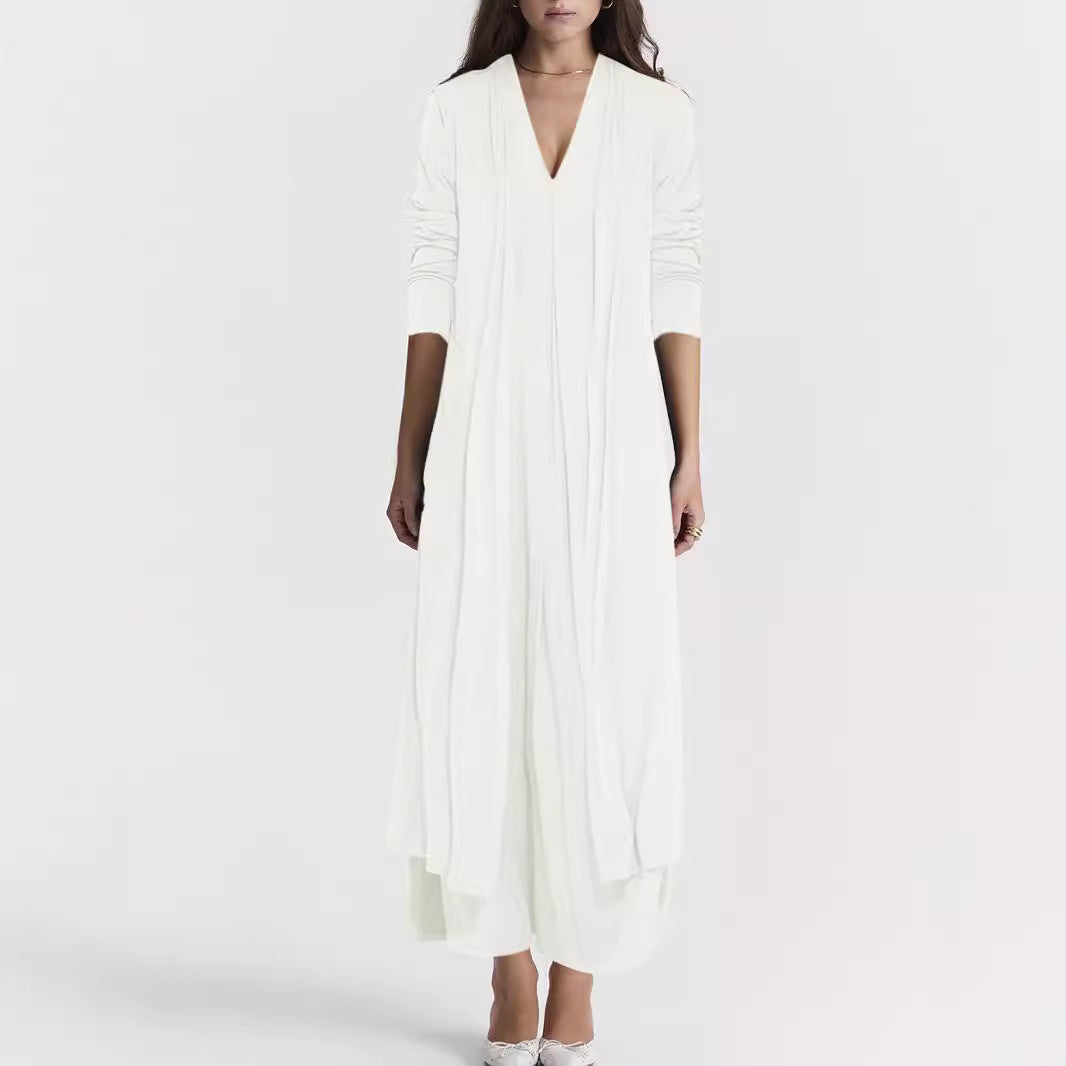 Women's elegant long jacket with deep V-neck and flowing cut NOVAE