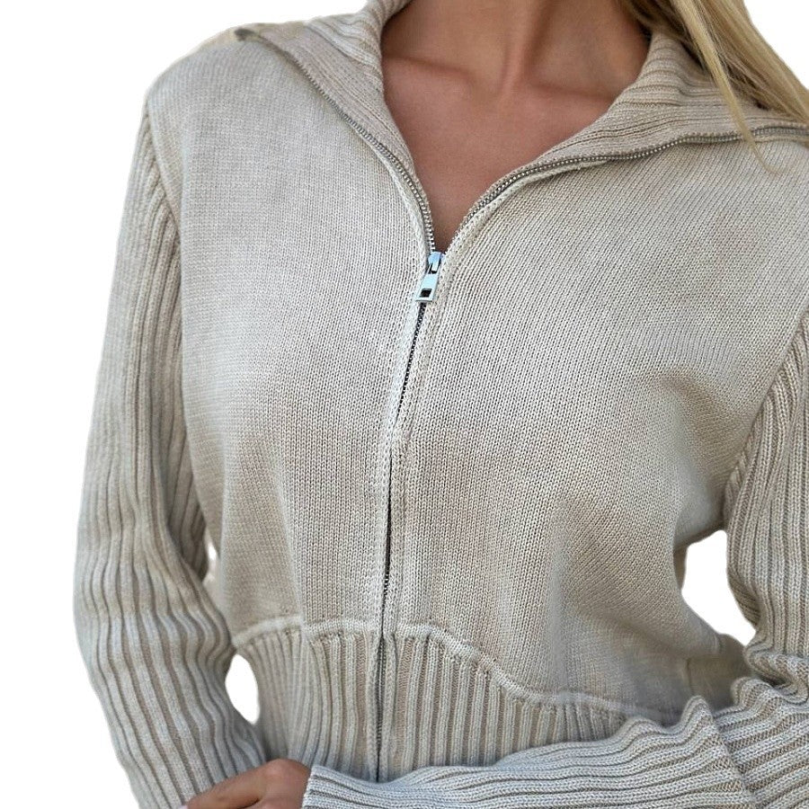 Women's short-sleeved cardigan with zipper and ribbed texture NOVAE