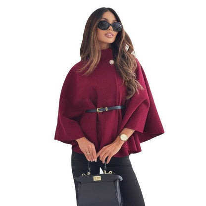 Women's elegant and fashionable cape jacket with belt made of textured fabric NOVAE
