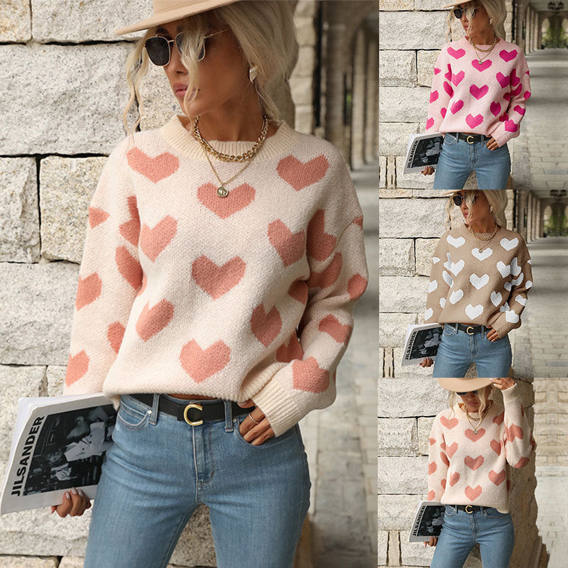 Women's knitted sweater with heart pattern and relaxed fit NOVAE