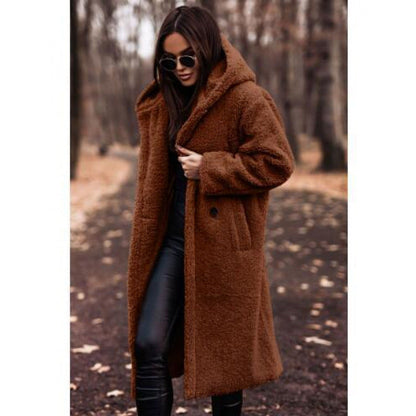 Women's cozy teddy coat with hood and button closure NOVAE