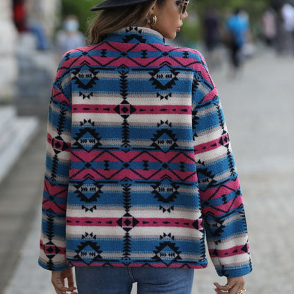 Women's fleece jacket with attractive geometric patterns and practical pockets NOVAE