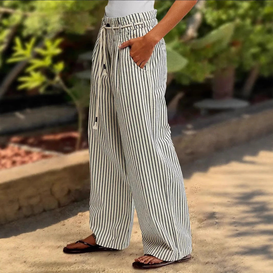 Women's Comfortable Beach Trousers with Casual Striped Pattern and Braided Waistband NOVAE