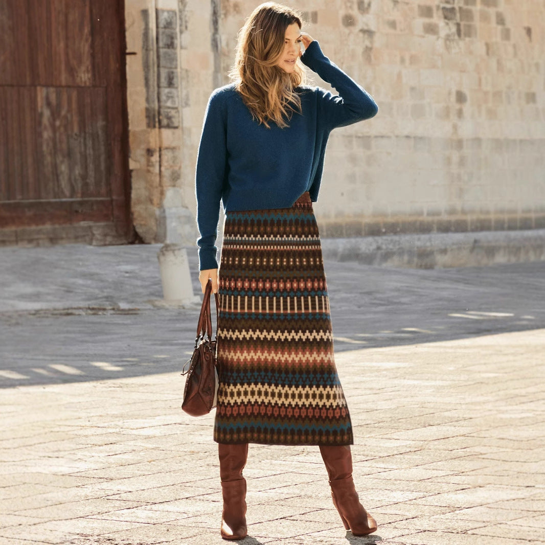 Women's maxi skirts with modern ethnic pattern and elastic waistband NOVAE