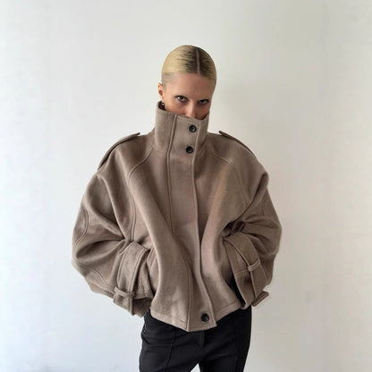 Women's fashionable wool jacket with high collar and button details NOVAE