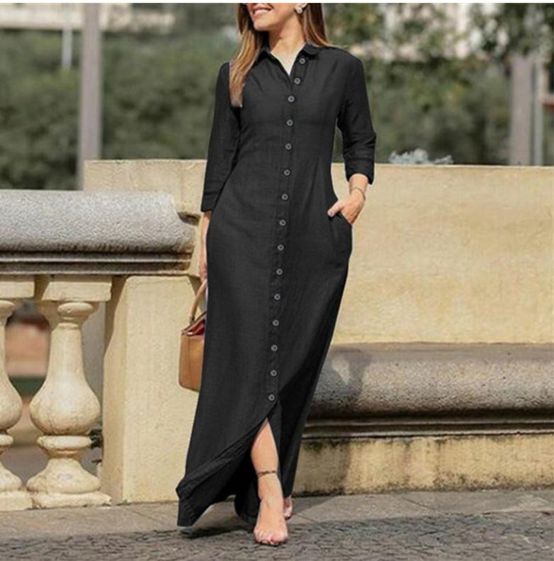 Women's long-sleeved maxi dress with button placket and side pockets NOVAE