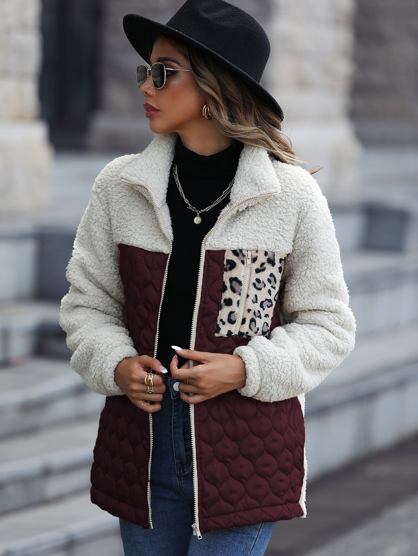 Women's fleece jacket with modern patchwork details and animal print NOVAE