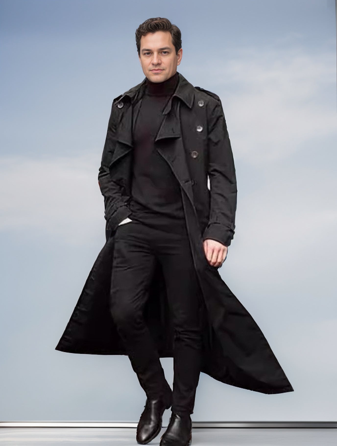 Men's long trench coat with a modern cut and practical pockets NOVAE