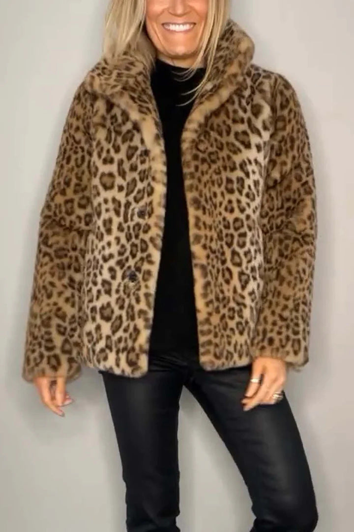 Women's Fluffy Leopard Print Jacket with High Collar NOVAE