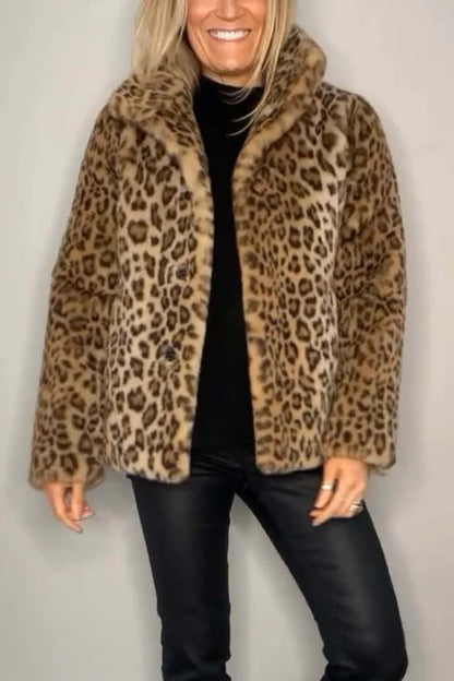 Women's Fluffy Leopard Print Jacket with High Collar NOVAE