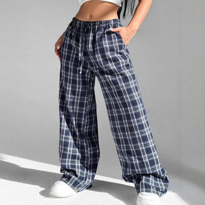 Women's Casual Checkered Trousers with Wide Cut and Elastic Waistband NOVAE
