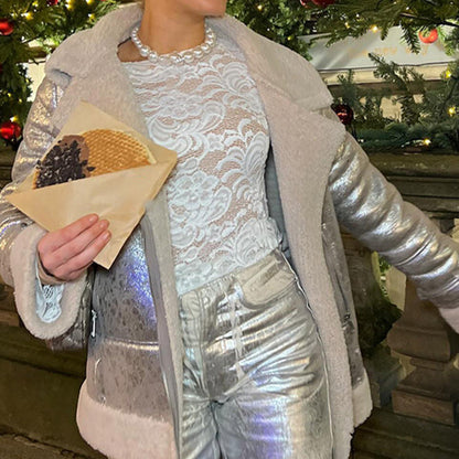 Women's fashionable transitional jacket with luxurious faux fur trim and glossy finish NOVAE