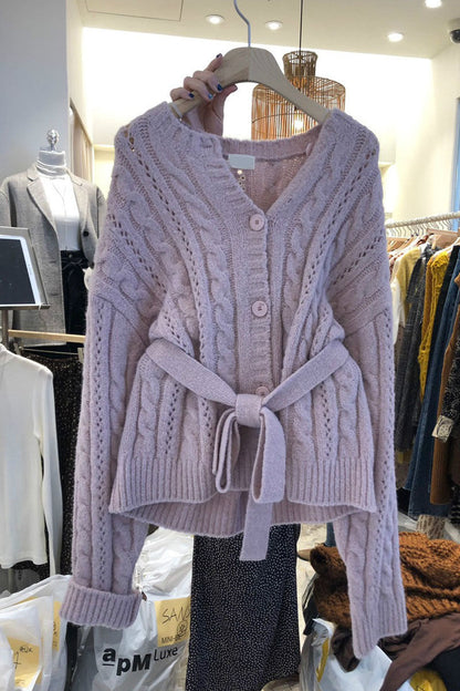 Women's cardigan with waist belt and cable knit pattern NOVAE