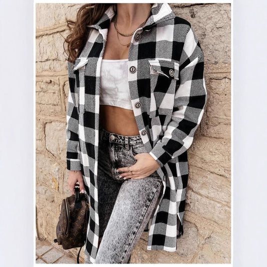 Women's oversized plaid shirt jacket with practical pockets and button details NOVAE