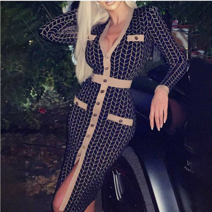 Women's knitted dress with button detailing and V-neck NOVAE