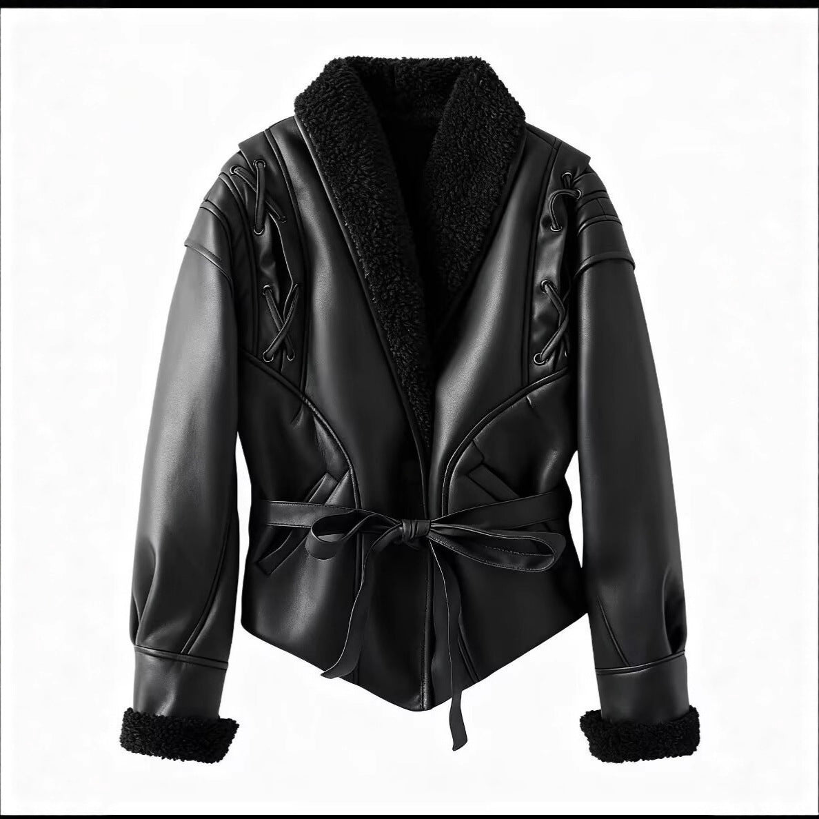 Women's trendy faux leather jacket with fluffy lining and tie belt NOVAE