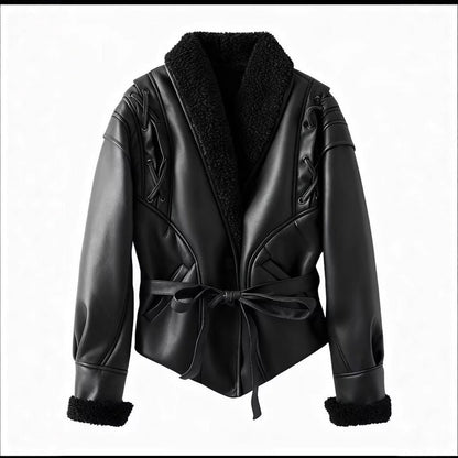 Women's trendy faux leather jacket with fluffy lining and tie belt NOVAE