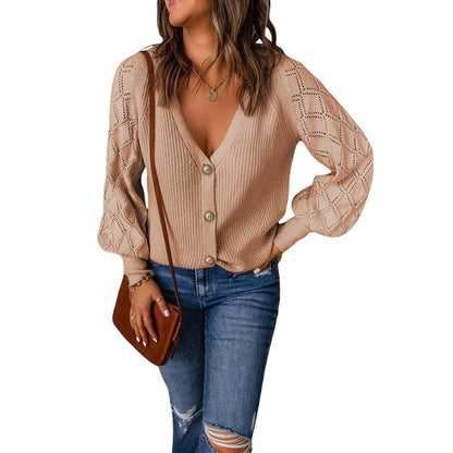 Women's cardigan with sophisticated diamond pattern and deep V-neck NOVAE