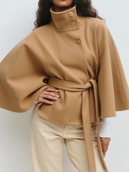 Women's elegant cape jacket with high stand-up collar and chic belt NOVAE