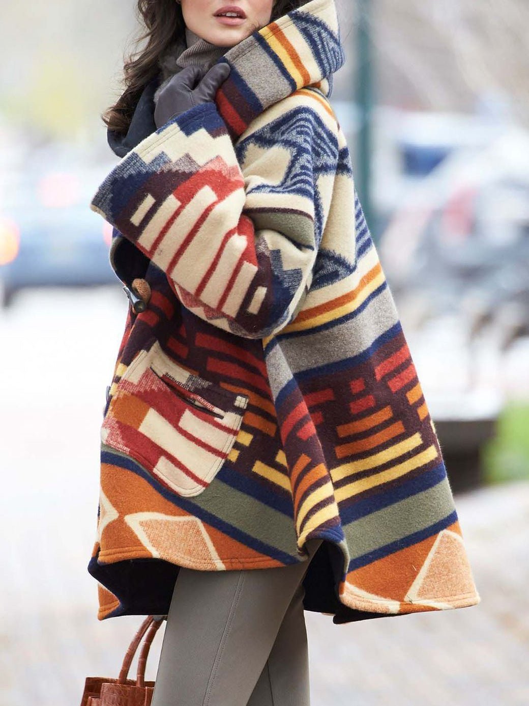 NOVAE | Women's Coats Multicolored Printed Long-Sleeved Wool Hooded Coats
